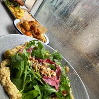 Hummus plate, cauliflower, and pea burger.   at The Dowry in Lerwick