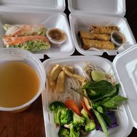 Vegan pho, egg rolls and fresh rolls at Love Peace & Pho in Nashville