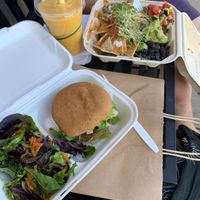jackfruit nachos amazing, avo burger v good, and delicious tropical smoothie   at Conscious Meals in Sedona
