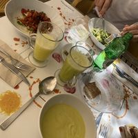 (Vegetarian) Zuchini salad w/ almond pesto — (Vegan) Roasted red pepper salad w/ olives — (Vegan) Mango and sweet chili gazpacho  at Plaer Natural in Mallorca