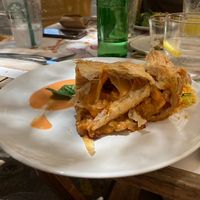 (Vegetarian) Pastry w/ cauliflower, seitan, eggplant, and cheese  at Plaer Natural in Mallorca
