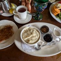 Cream of wheat (comes with brown sugar, raisins, & I asked for oat milk), and side of hash browns at Madonna Inn in San Luis Obispo