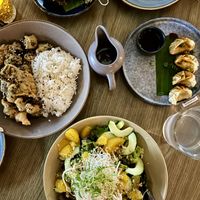 Brussels sprouts, gyoza, tempura broccoli, and mandarin salad   at Plantasia in Mexico City