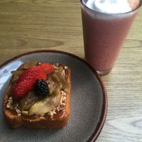 French toast and a drink made with coconut kefir and strawberries   at Plantasia in Mexico City