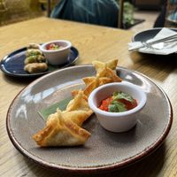 Fried wontons in front   at Plantasia in Mexico City