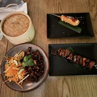 Tacos Peking (left), Kushi Mozzeralla (top right), Mushroom Skewer (bottom right)  at Plantasia in Mexico City