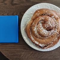 Giant cinnamon bun, Kindle is in there for scale. at Cafe Husaren in Gothenburg