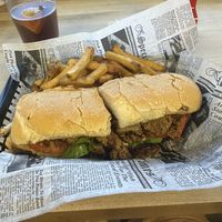 vegan Oyster Mushroom Po’ Boy with a side of Old Bay fries  at Bread and Butter Kitchen in Annapolis