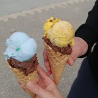 Left: Dinosaur and Rocky Road, 
Right: Banana split and Brownie Bunch. at Ice Bakers Ishus in Thisted