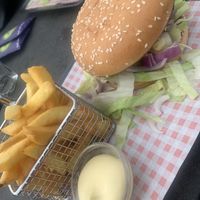 Vega burger met patat en vegan mayo  at Paviljoen Stormvogel in Oostvoorne