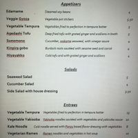 Vegetarian menu at Blue Sea Sushi and Izakaya in Las Vegas