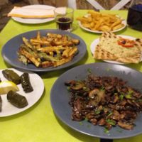 Fried courgettes, hummus and flatbread, chips, stuffed vine leaves and mushrooms in white wine.  at Kefalos in Kefalonia