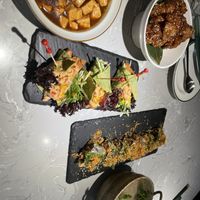Quinoa mapo tofu, general tso’s lotus root, tacos, seaweed rice roll, and “oden pot"  at SOFINE 蔬房 in Ningbo
