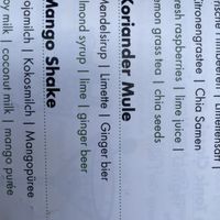 Ingredients of Koriander mule  at Soy in Munich