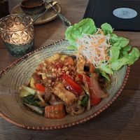 Fried rice noodles with tofu, seitan and vegetables at Soy in Munich