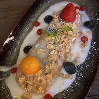 vegan dessert, banana in sticky rice with coconut milk   at Soy in Munich