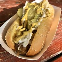 The Jekyll & Hyde (smoked apple sausage) w/ condiments. Delicious✨ at The Frankenstand - Mobile Cart in Los Angeles