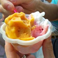 Mango/passiin fruit + lime + strawberry. Sorrt, we couldn't resist eating before the picture was taken at Le St-Crème in Quebec