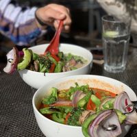 The Spicy Tomato and Veggie Miso Ramens with Rice Noodles at Kuma in Los Osos