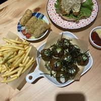 Fries, tempeh “nuggets”, takoyaki & tartar fish burger. at Veggie Sun 植日生 - Zhí RìShēng in Taipei