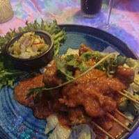 Vegan tsay skewer with peanut sauce, salad and rice on the side. at Koh Phangan in Uppsala