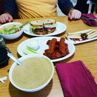 He got a burger and chowder, I got mushroom soup, lady fingers, and bbq ";rib";  at Loving Cafe in Fort Wayne