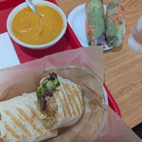 BBQ burrito, golden soup, avocado spring rolls at Loving Cafe in Fort Wayne