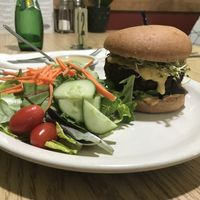 Impossible burger with salad. at Loving Cafe in Fort Wayne