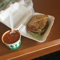 White bean chili and Harmony “chicken” sandwich at Loving Cafe in Fort Wayne