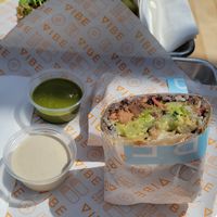 Half of the jackfruit burrito (also tasty) at Vibe Organic Kitchen & Juice in Dana Point