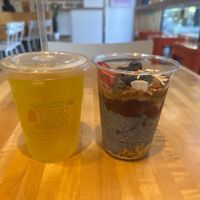 The PARFAIT and green tea  at Vibe Organic Kitchen & Juice in Dana Point