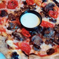 Vegan spicy mushroom pizza with vegan ranch at Pedal Haus Brewery in Tempe
