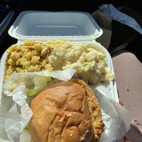 Chikn sandwich with southern style potatoes [salad] and mac & chz  at NuVegan in Washington