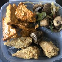 Drummettes with mushroom medley & red curry tofu at NuVegan in Washington
