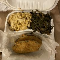 Vegan fish, macaroni and cheese, and collard greens . at NuVegan in Washington