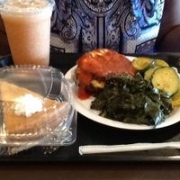 Sweet potato cheesecake, eggplant Parmesan, collard greens, squash medley
 at NuVegan in Washington