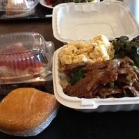 Mac & cheese, beef & broccoli over brown rice'  collard greens,  cornbread, strawberry cheesecake... at NuVegan in Washington