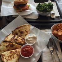 quesadillas with curry tofu and vegan cheeseburger with kale salad at NuVegan in Washington