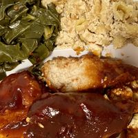 Jerk drummies, collard greens, mac n cheese  at NuVegan in Washington