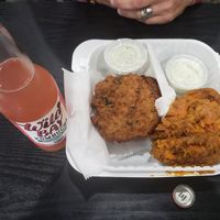 Delicious crab cakes, sweet potato casserole with watermelon kombucca at NuVegan in Washington