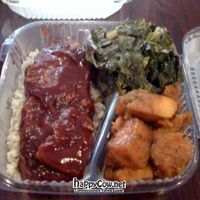 Vegan ribs, collard greens, sweet potatoes at NuVegan in Washington
