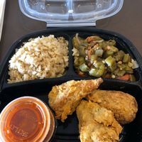 Chicken drummies w/ buffalo sauce, okra, rice  at NuVegan in Washington