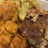 Lasagna + sweet potatoes + cabbage! at NuVegan in Washington