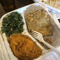 Chicken fried steak with garlicky kale and sweet potatoes  at NuVegan in Washington