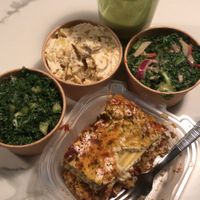 Lasagna + Ginger Kale, Mac & Cheese, Red Wine Kale, and juice! yum at NuVegan in Washington