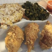Fried chicken, mac and cheese, collard greens at NuVegan in Washington