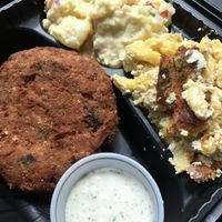 Southern potato salad, mac and cheese, crab cake - delicious! at NuVegan in Washington