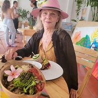Linda with Halbox Bowl in foreground.  at Tropical Kitchen Cabo in Cabo San Lucas