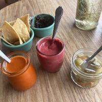 Pepper salsa, hibiscus salsa, and jalapeños  at Tropical Kitchen Cabo in Cabo San Lucas