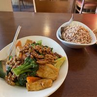 Walnut Broccoli with Tofu and brown ricee  at Mingalaba in Burlingame